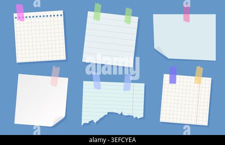 Sticky notes with different patterns, pinned on blue wall Stock Vector