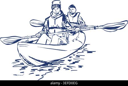 Sketch of kayaking people on river, lake , man and woman. view from front. Hand drawn mediterranian blue style. Vector illustration isolated. Doodle Stock Vector