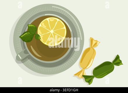 Minimalist Tea Time Vector Top View of Ceramic Cup and Saucer with Lemon Mint and Sweet Candies in Wrappers for Cafe Branding Lifestyle Design Asset Stock Vector