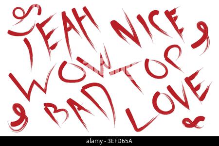 Red Handwritten Grunge Text Expressions Set With Paint Brush Stroke Style Stock Vector