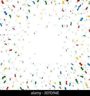 Bright multicolored confetti and streamers falling against a clean white background, perfect for party, celebration, birthday, wedding or festive even Stock Vector