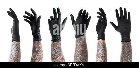 Man showing his tattooed hand on white background, set Stock Photo