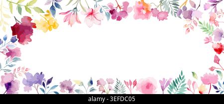 Horizontal long floral spring frame. Hand drawn. Not AI, vector illustration Stock Vector
