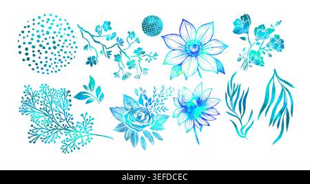 Set of neon flowers on a white background . Hand drawn. Not AI, vector illustration. Stock Vector