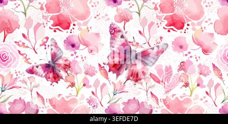 Delicate seamless background with pink watercolor flowers with butterflies. Hand drawn. Not AI, vector illustration Stock Vector