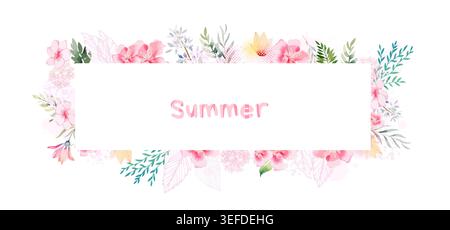 Horizontal frame with watercolor flowers. Hello summer. Hand drawn. Not AI, vector illustration Stock Vector