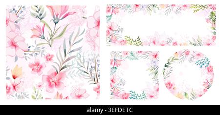 A set of beautiful frames made of watercolor pink flowers. Hand drawn. Not AI, vector illustration Stock Vector