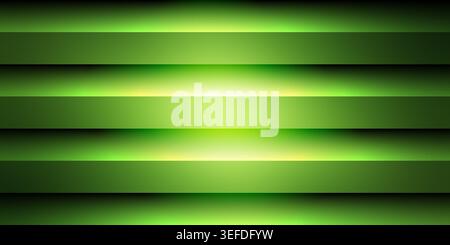 Abstract background featuring horizontal green stripes with a soft glowing light effect in the center, creating a modern and dynamic layered texture. Stock Photo