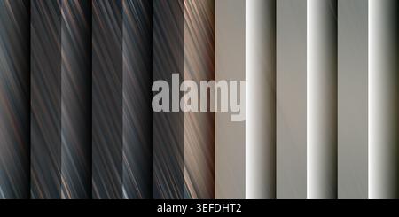 A sophisticated abstract background composed of vertical panels with metallic textures, transitioning from dark bronze to light silver with diagonal l Stock Photo