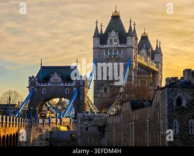 Close-up view of Tower Bridge in London at sunset, iconic landmark details on golden hour, historic architecture and famous travel scene Stock Photo