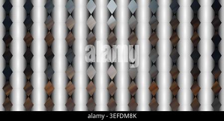 A seamless abstract background featuring a repeating pattern of metallic, multi-colored diamond shapes arranged in vertical columns over a gradient te Stock Photo