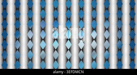 A seamless abstract pattern featuring a grid of blue diamond shapes set against a background of vertical black and white gradient lines. Stock Photo