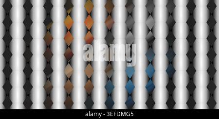 A dark-themed abstract pattern composed of diamond-shaped elements with metallic blue, orange, and grey gradients on a vertical striped background. Stock Photo