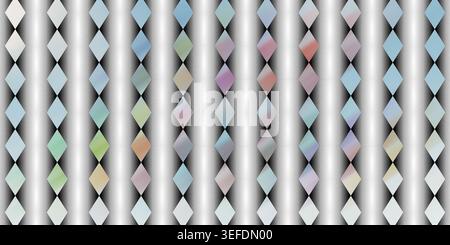 A seamless abstract background featuring a repeating pattern of diamond shapes with various iridescent and multicolored textures on vertical grayscale Stock Photo