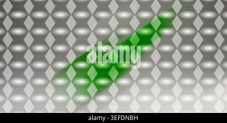 A digital abstract background featuring a repeating diamond pattern in shades of grey, highlighted by a vibrant, glowing green light streak. Stock Photo