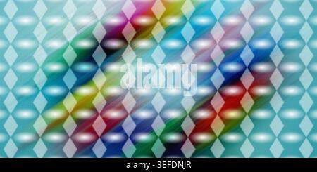 A vibrant abstract design with a repeating diamond grid overlaying a multi-colored, blurred background with streaks of light and soft glowing ovals. Stock Photo