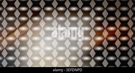 An abstract background featuring a repeating grid of diamond shapes with warm, glowing light streaks and metallic textured highlights. Stock Photo