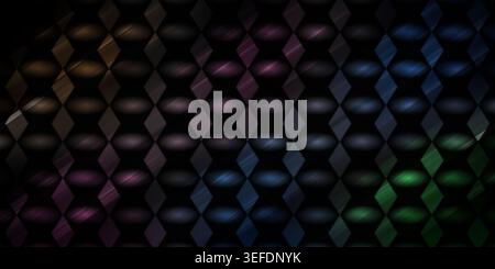 A dark, moody abstract background composed of a grid of diamond shapes, illuminated by soft, multi-colored glows in purple, blue, green, and gold. Stock Photo