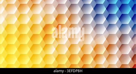 A colorful abstract background featuring a repeating hexagonal grid with a smooth gradient transitioning from yellow to blue and red. Stock Photo