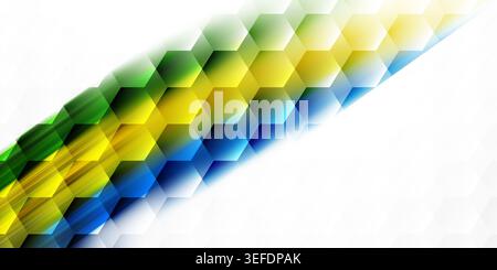 Abstract background featuring a pattern of 3D hexagons with a diagonal gradient of green, yellow, and blue colors, isolated on white background. Stock Photo
