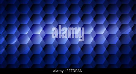 A dark blue abstract background featuring a repeating 3D hexagonal honeycomb pattern with subtle light streaks and depth effects. Stock Photo