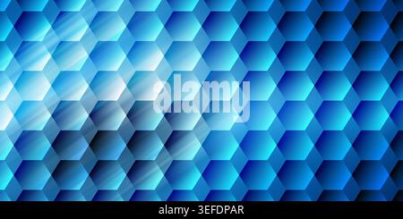 Vibrant blue abstract background featuring a repeating hexagonal pattern with dynamic light rays and gradients creating a sense of depth and motion. Stock Photo
