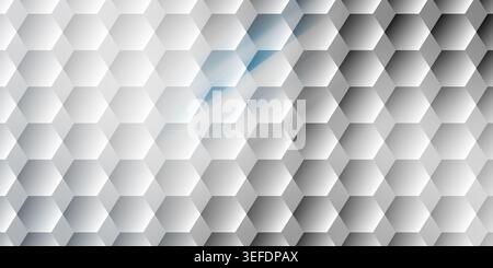 Modern geometric background featuring a 3D hexagonal pattern in shades of gray and white with subtle blue light streaks. Stock Photo