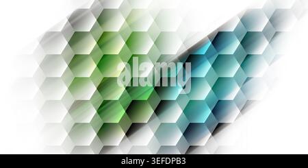 A modern abstract background featuring a 3D hexagonal grid pattern with a dynamic light streak, transitioning from green to blue on a white background Stock Photo