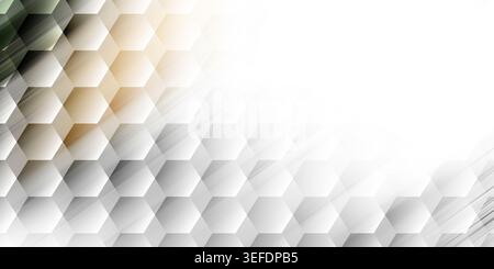 An abstract 3D hexagonal grid pattern fading into a clean white space, accented by subtle light streaks and soft golden highlights. Stock Photo