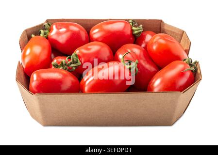 Marzanino cherry tomatoes arranged on  cardboard tray, isolated on white with a clipping path Stock Photo