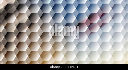 A dynamic abstract background featuring a hexagonal grid with a transition between blue and beige tones, accented by subtle light streaks. Stock Photo