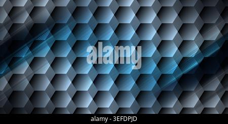 Abstract background featuring a 3D geometric pattern of dark blue hexagons with a sweeping light streak effect. Stock Photo
