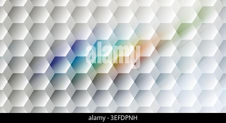 A clean abstract background featuring a white hexagonal honeycomb pattern with a subtle, colorful light refraction effect. Stock Photo