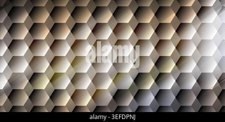 A sophisticated abstract background featuring a metallic hexagonal grid with a blend of warm gold and cool grey tones, accented by soft light streaks. Stock Photo