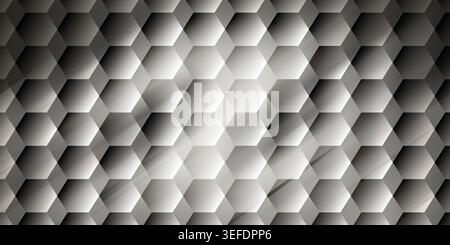 A high-quality abstract background featuring a repeating 3D hexagonal pattern in shades of dark grey, creating a sophisticated and modern textured loo Stock Photo