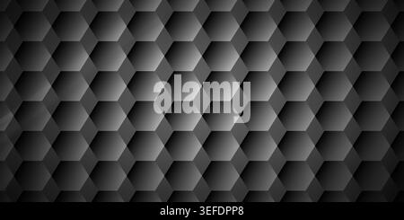 A seamless abstract background featuring a dark grey hexagonal geometric pattern with subtle shading to create a 3D depth effect. Stock Photo