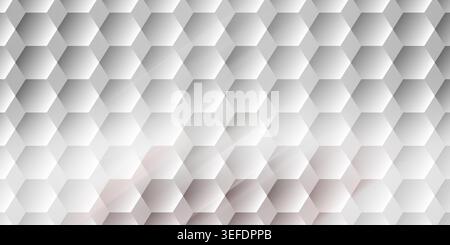 A seamless abstract background featuring a 3D hexagonal pattern in shades of white and light gray, creating a modern and clean textured surface. Stock Photo