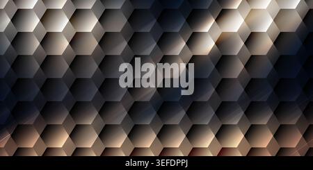 A sophisticated abstract background with a dark, metallic hexagonal honeycomb pattern, featuring soft lighting and depth. Stock Photo