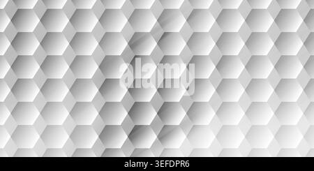 A high-quality abstract background featuring a repeating 3D hexagonal pattern in shades of white and light gray, creating a modern, clean, and texture Stock Photo