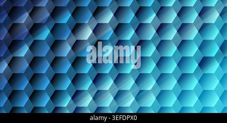 A vibrant abstract background featuring a 3D hexagonal grid pattern in shades of blue with dynamic light streaks and gradients. Stock Photo