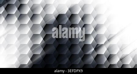 A high-contrast monochrome abstract background featuring a 3D hexagonal grid pattern with light streaks and varying shades of gray. Stock Photo