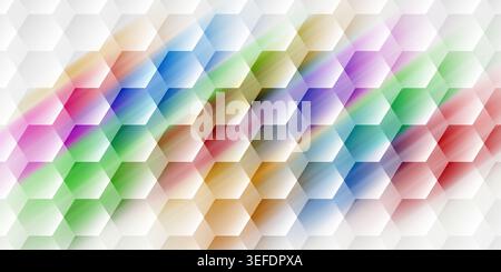 A vibrant and bright background featuring a white hexagonal grid overlaid with dynamic, colorful light motion blurs and rainbow gradients. Stock Photo