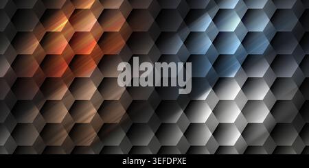 A dark, sophisticated abstract background consisting of a 3D hexagonal grid with subtle light streaks and glowing highlights in orange and blue. Stock Photo
