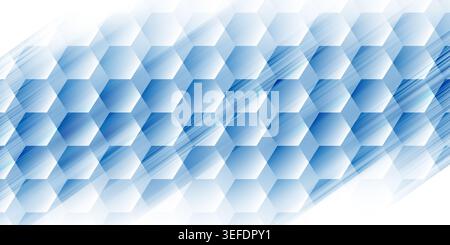A dynamic abstract background featuring a pattern of 3D blue hexagons with diagonal motion blur streaks, creating a modern and technological aesthetic Stock Photo