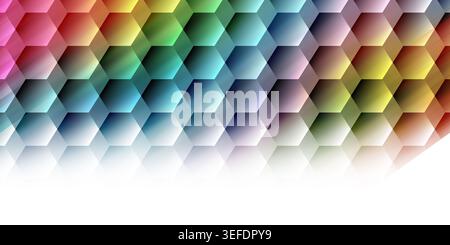 A vibrant, multi-colored abstract background with a 3D hexagonal grid pattern, fading into a clean white space at the bottom. Stock Photo