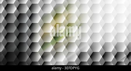A sophisticated abstract background featuring a 3D hexagonal grid in shades of gray and white with a subtle green light flare effect. Stock Photo