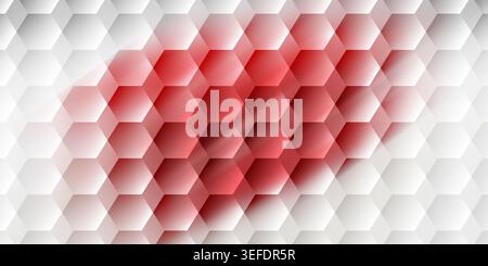 A modern abstract background consisting of a white hexagonal grid overlayed with a soft, glowing red light effect. Stock Photo