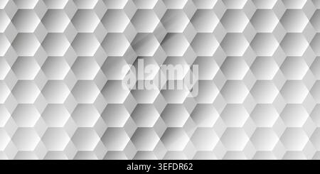 A seamless abstract background featuring a 3D hexagonal pattern in shades of white and light gray, creating a modern and clean textured effect. Stock Photo