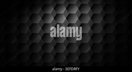 A sophisticated abstract background featuring a 3D pattern of interlocking dark grey and black hexagons with subtle light highlights. Stock Photo