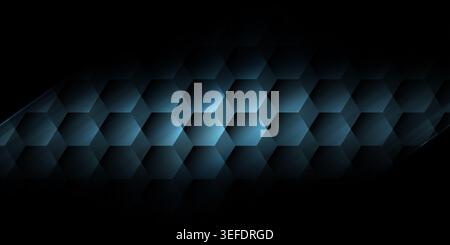 A dark, modern background featuring a 3D hexagonal grid pattern with blue light highlights, creating a sleek, technological, and futuristic aesthetic. Stock Photo